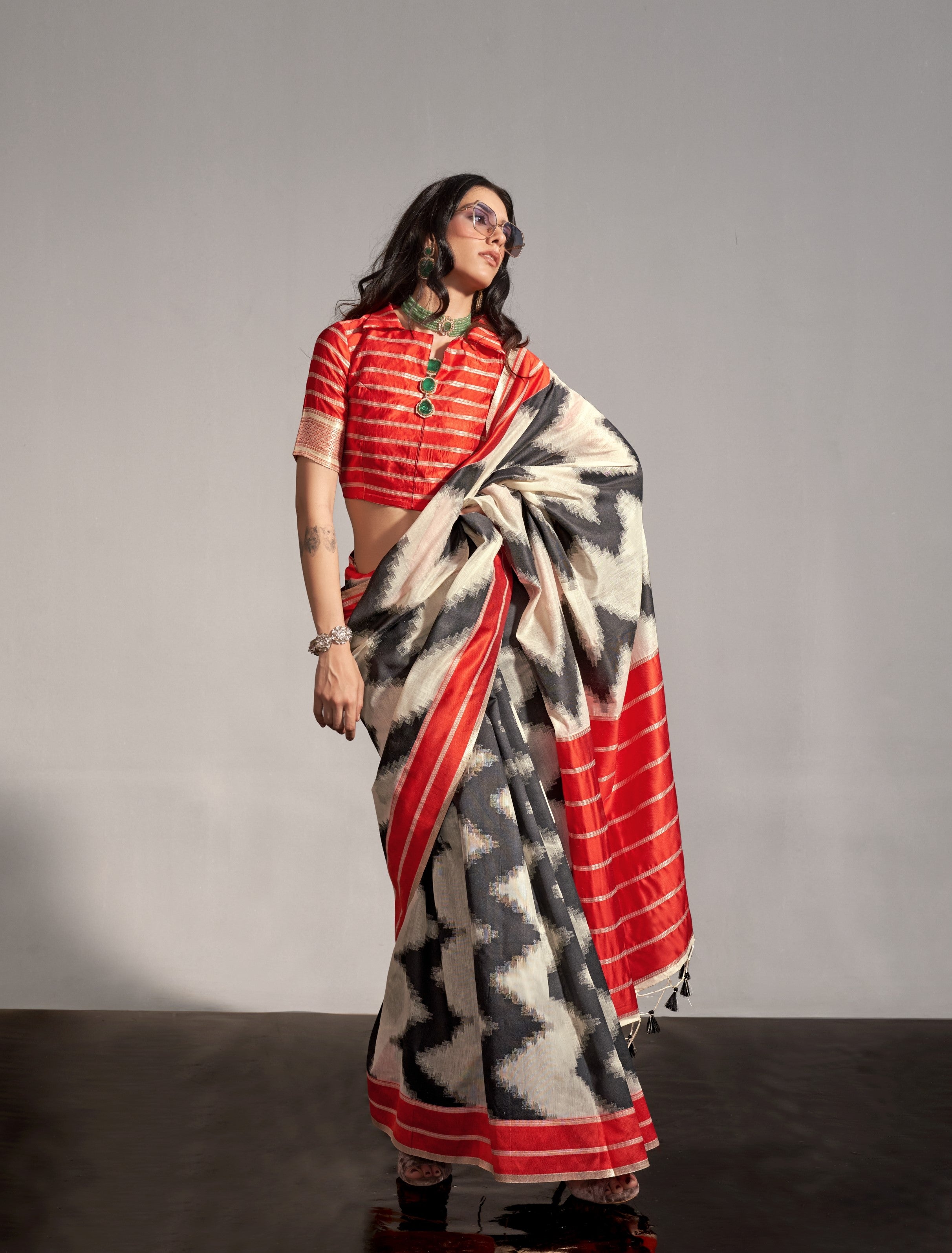 Off-White & Orange Mal Spun Hand Woven Silk Saree With Contrast Blouse