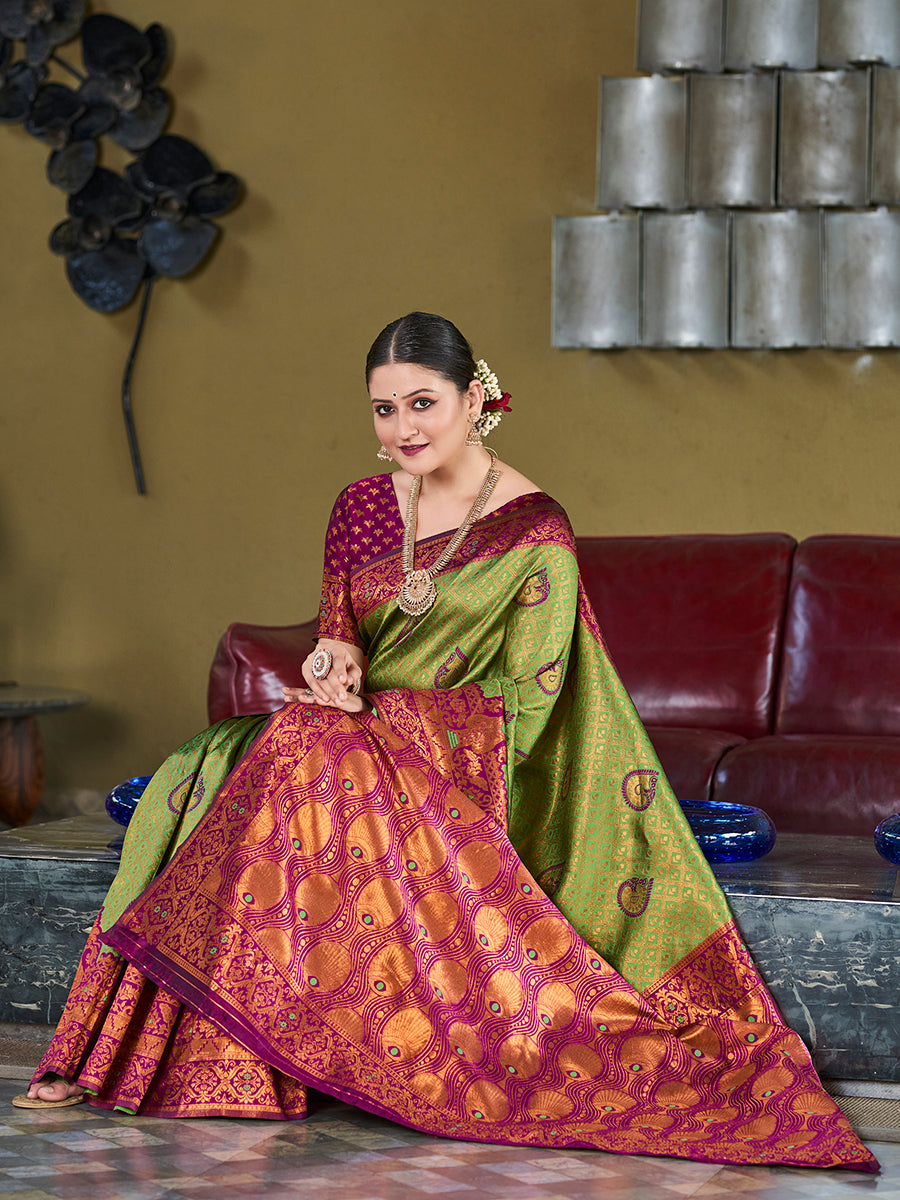 Green & Purple Banarasi Silk Zari Woven Wedding Saree