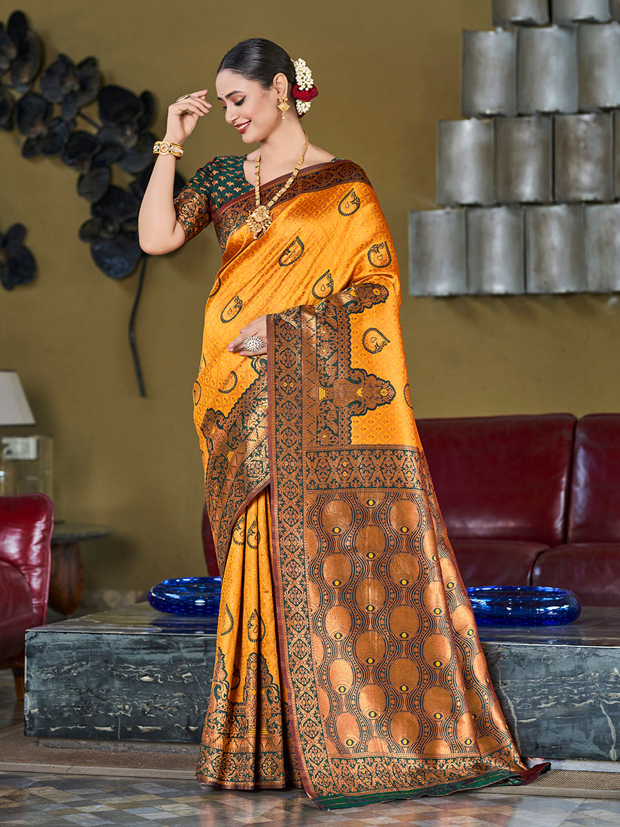 Orange & Green Banarasi Silk Zari Woven Wedding Saree