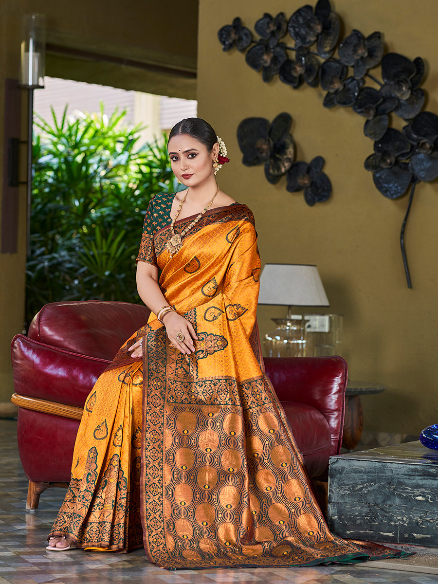 Orange & Green Banarasi Silk Zari Woven Wedding Saree