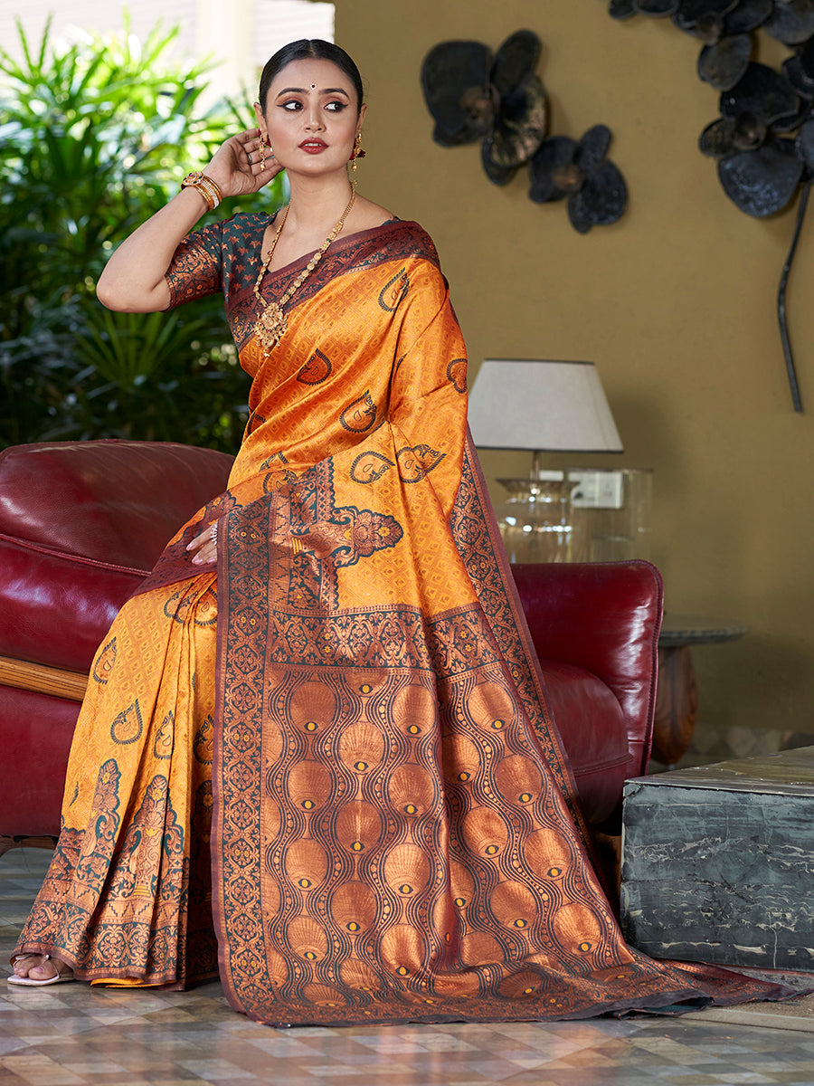 Orange & Green Banarasi Silk Zari Woven Wedding Saree