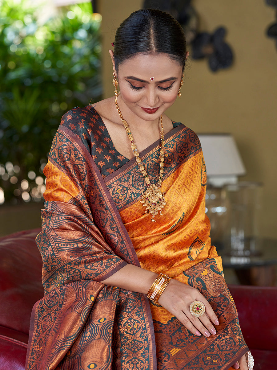 Orange & Green Banarasi Silk Zari Woven Wedding Saree