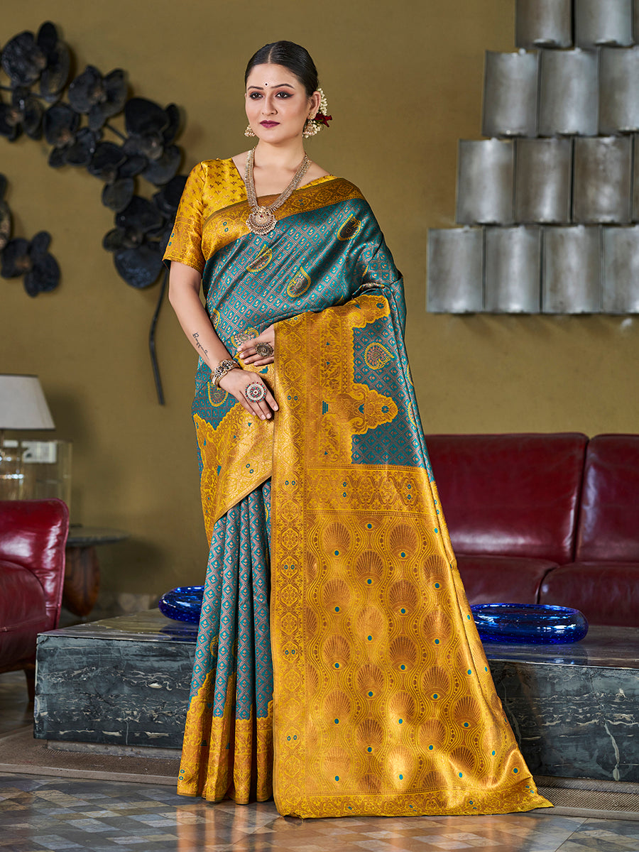 Teal Blue & Yellow Banarasi Silk Zari Woven Wedding Saree