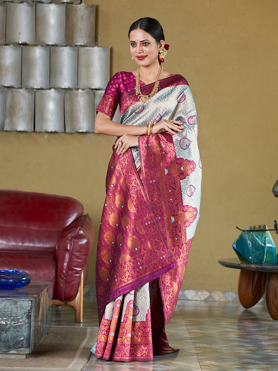 Sea Green & Purple Banarasi Silk Zari Woven Wedding Saree