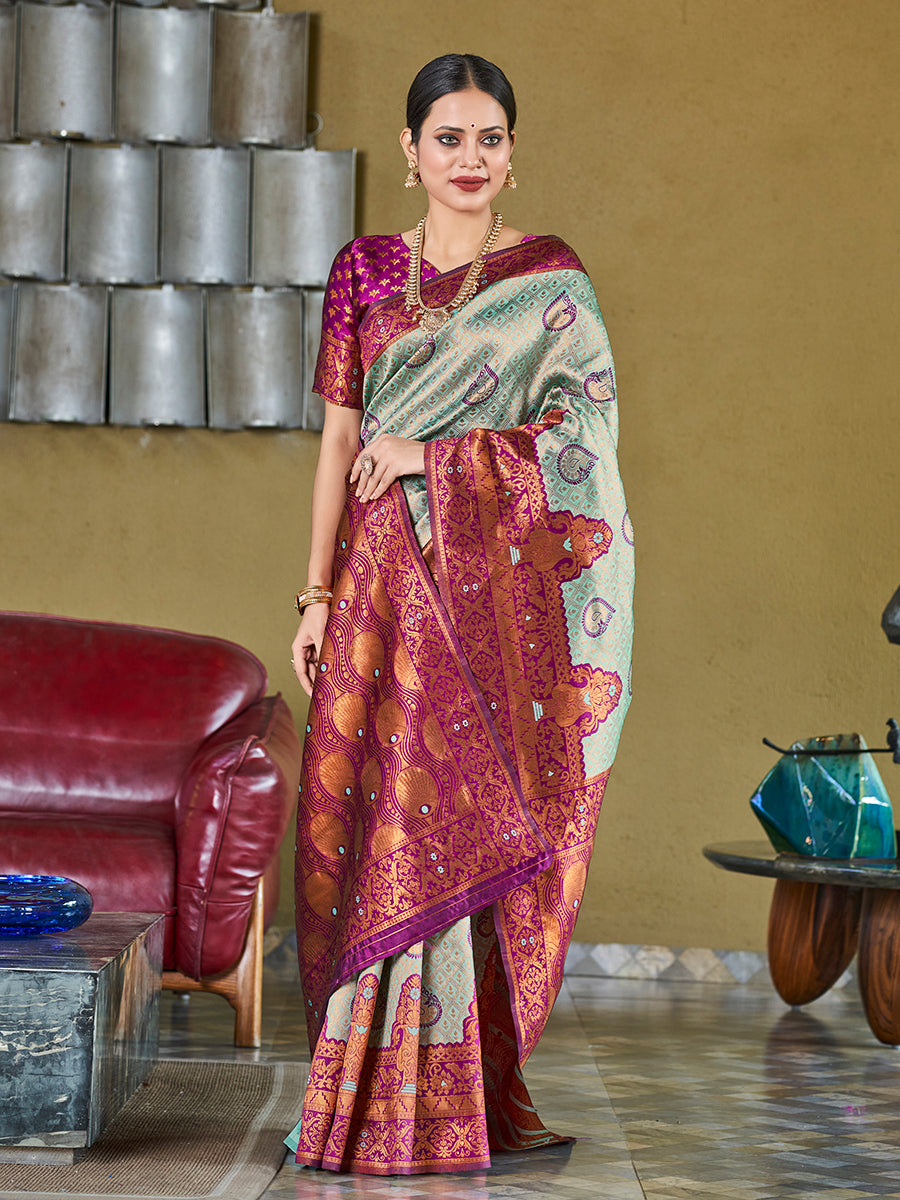 Sea Green & Purple Banarasi Silk Zari Woven Wedding Saree