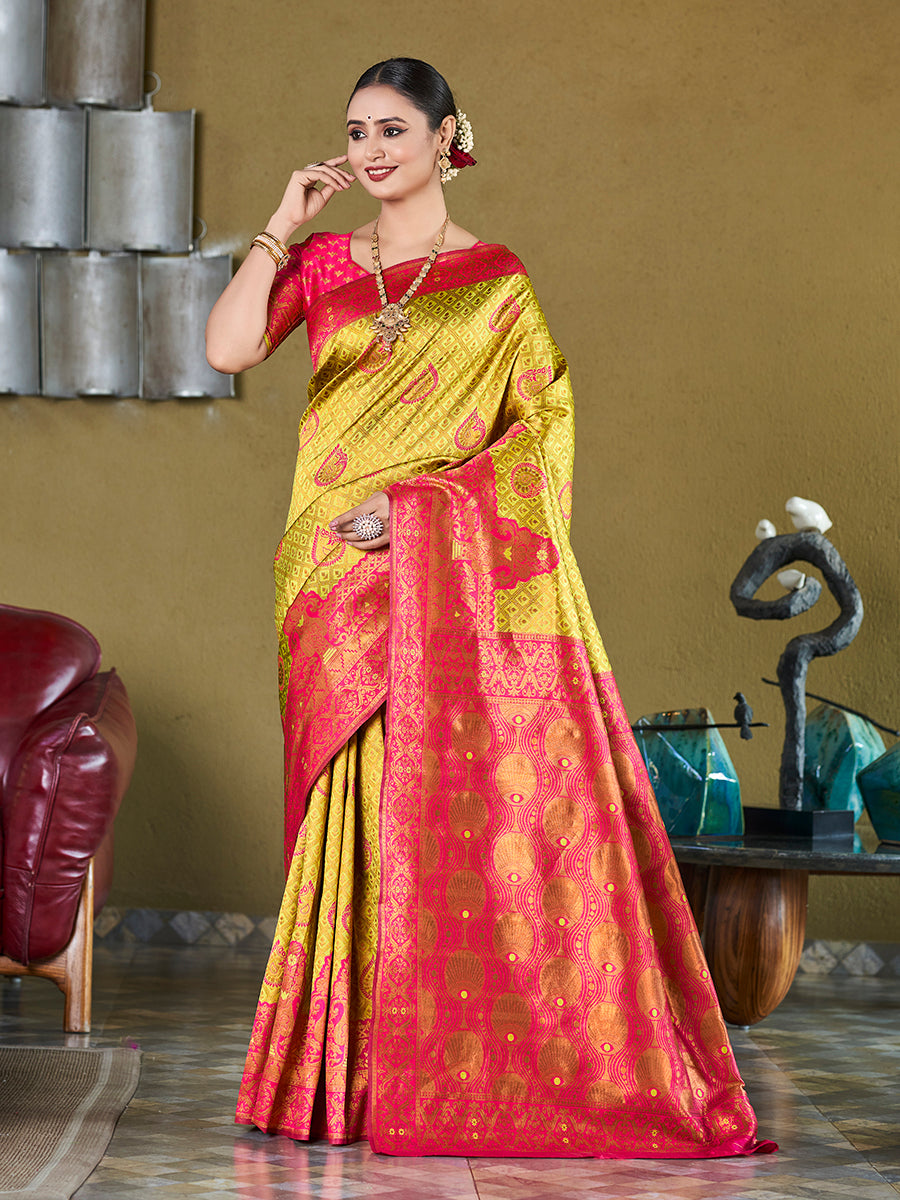 Yellow & Pink Banarasi Silk Zari Woven Wedding Saree