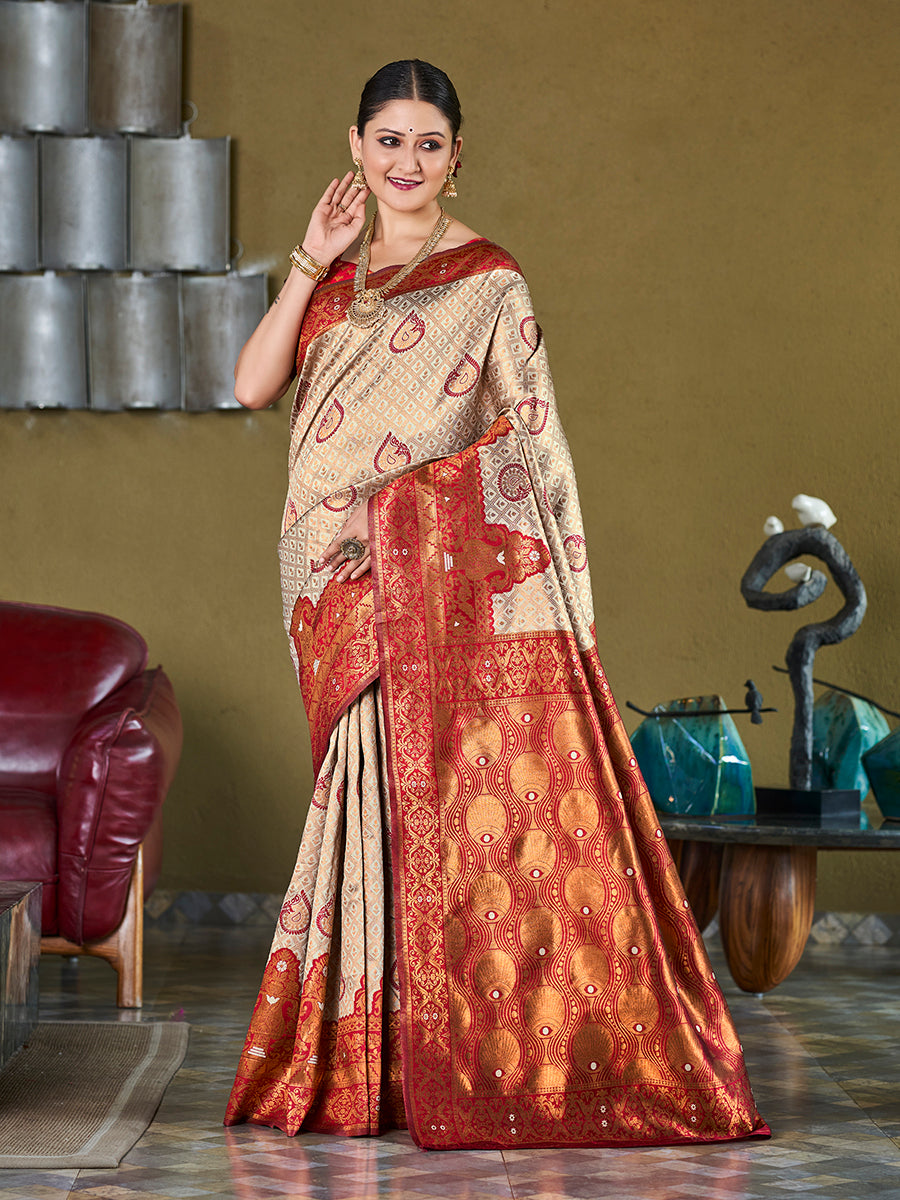 Off White & Red Banarasi Silk Zari Woven Wedding Saree