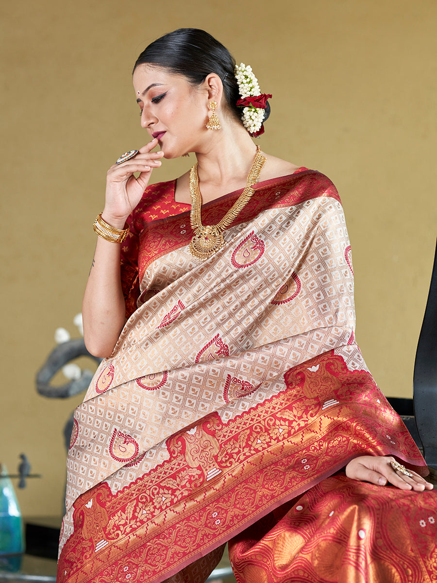 Off White & Red Banarasi Silk Zari Woven Wedding Saree