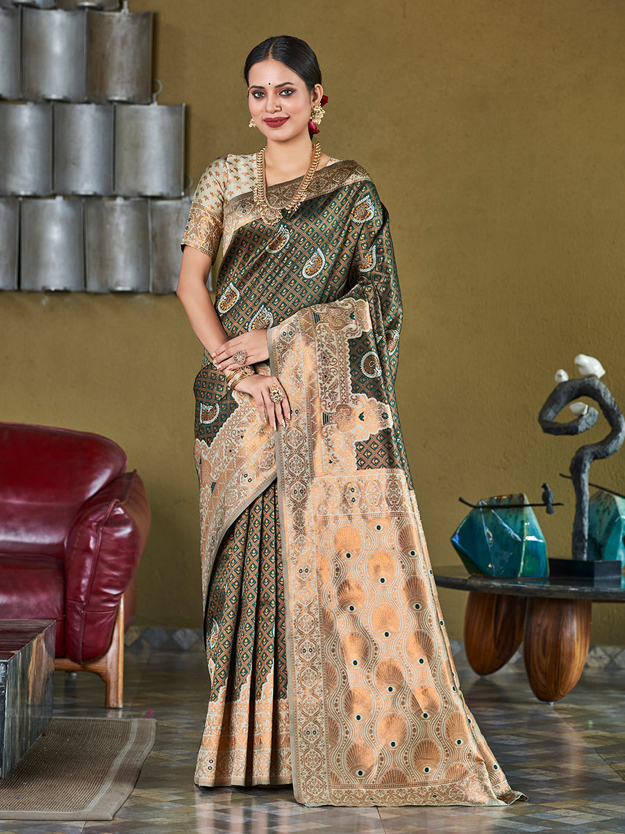 Green & Off White Banarasi Silk Zari Woven Wedding Saree