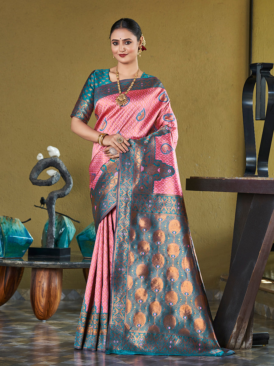 Pink & Blue Banarasi Silk Zari Woven Wedding Saree