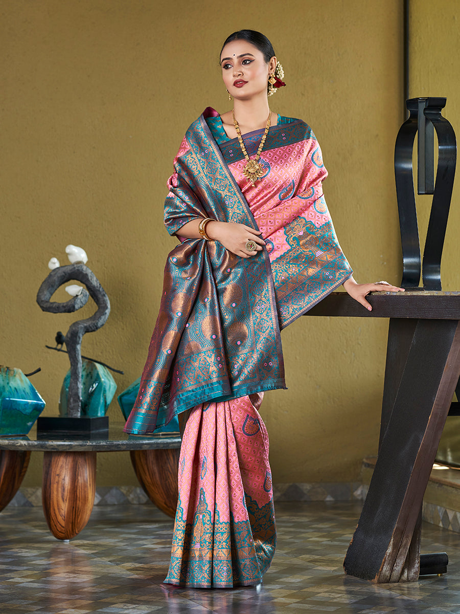 Pink & Blue Banarasi Silk Zari Woven Wedding Saree