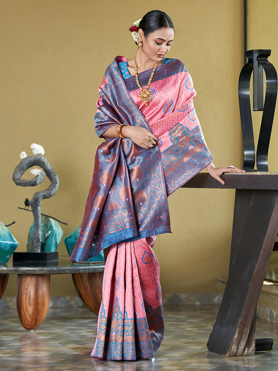 Pink & Blue Banarasi Silk Zari Woven Wedding Saree