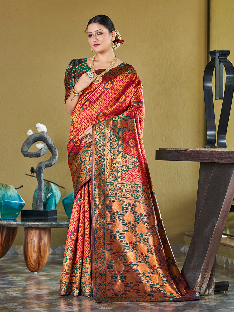 Red & Green Banarasi Silk Zari Woven Wedding Saree