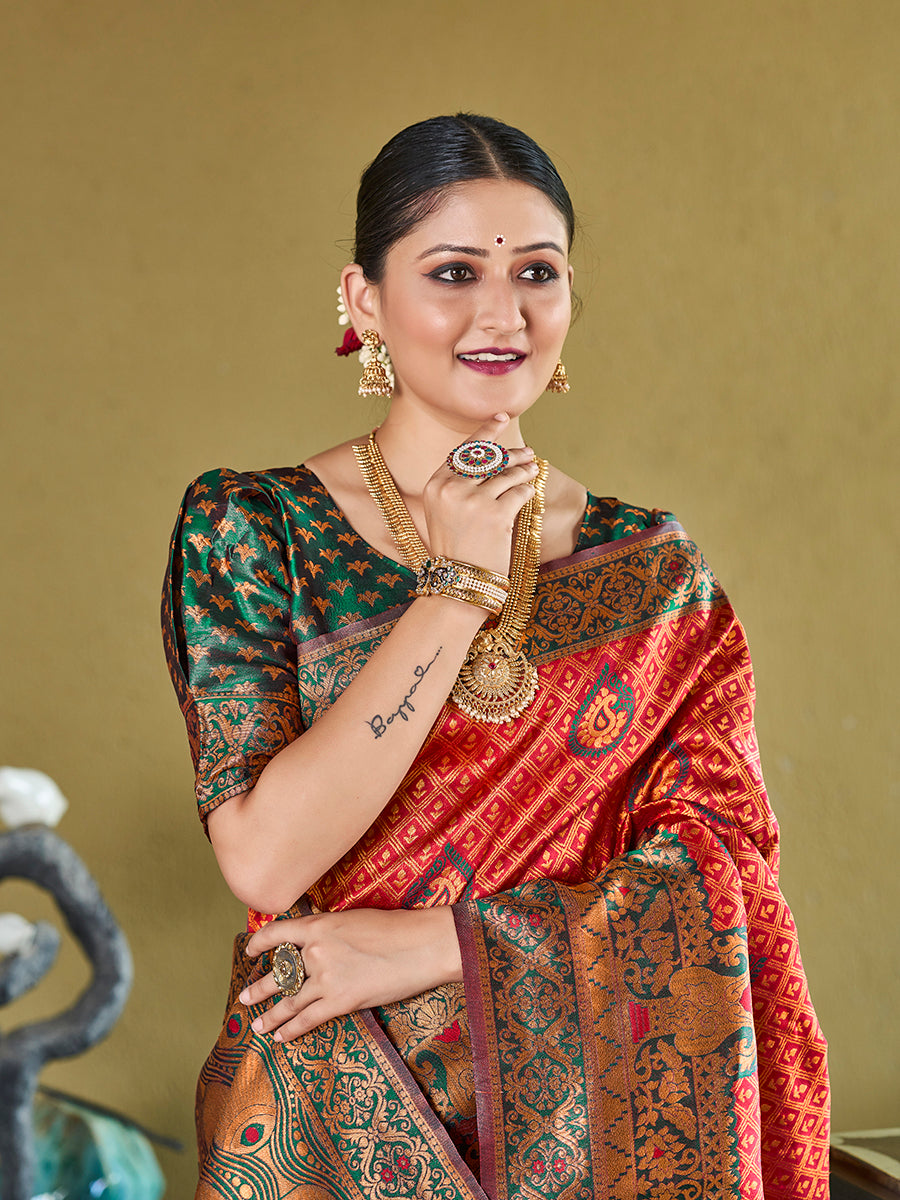 Red & Green Banarasi Silk Zari Woven Wedding Saree