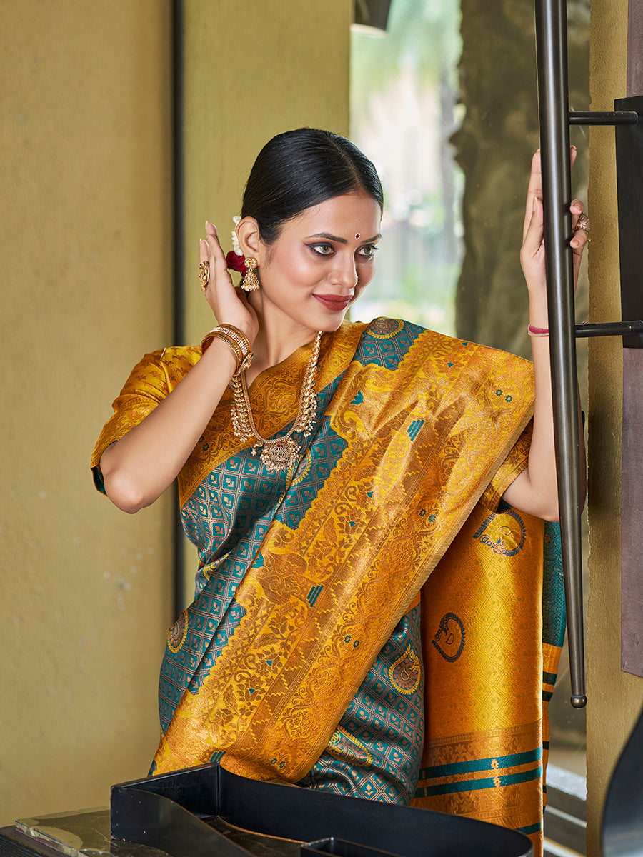 Blue & Yellow Banarasi Silk Zari Woven Wedding Saree