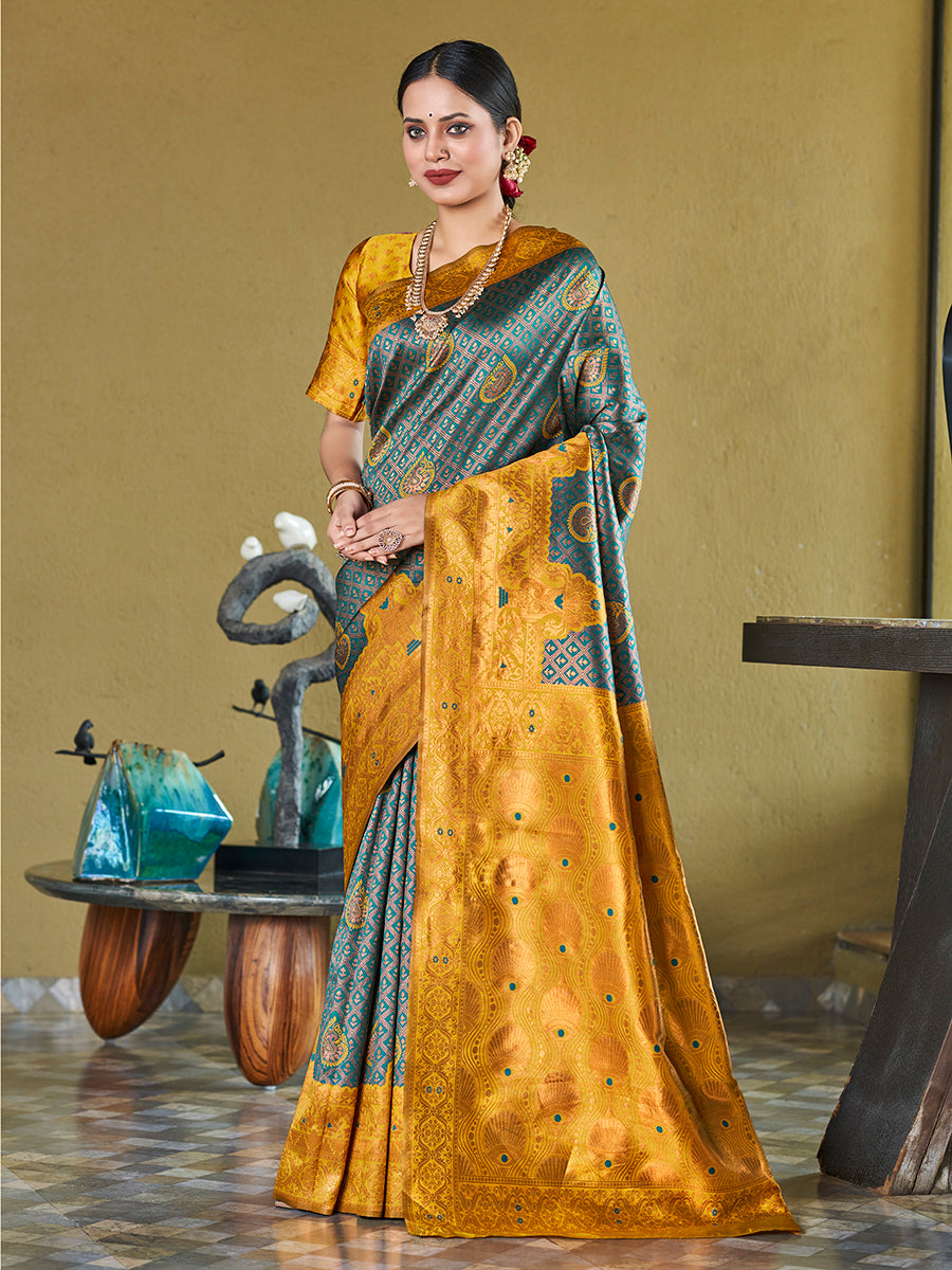 Blue & Yellow Banarasi Silk Zari Woven Wedding Saree