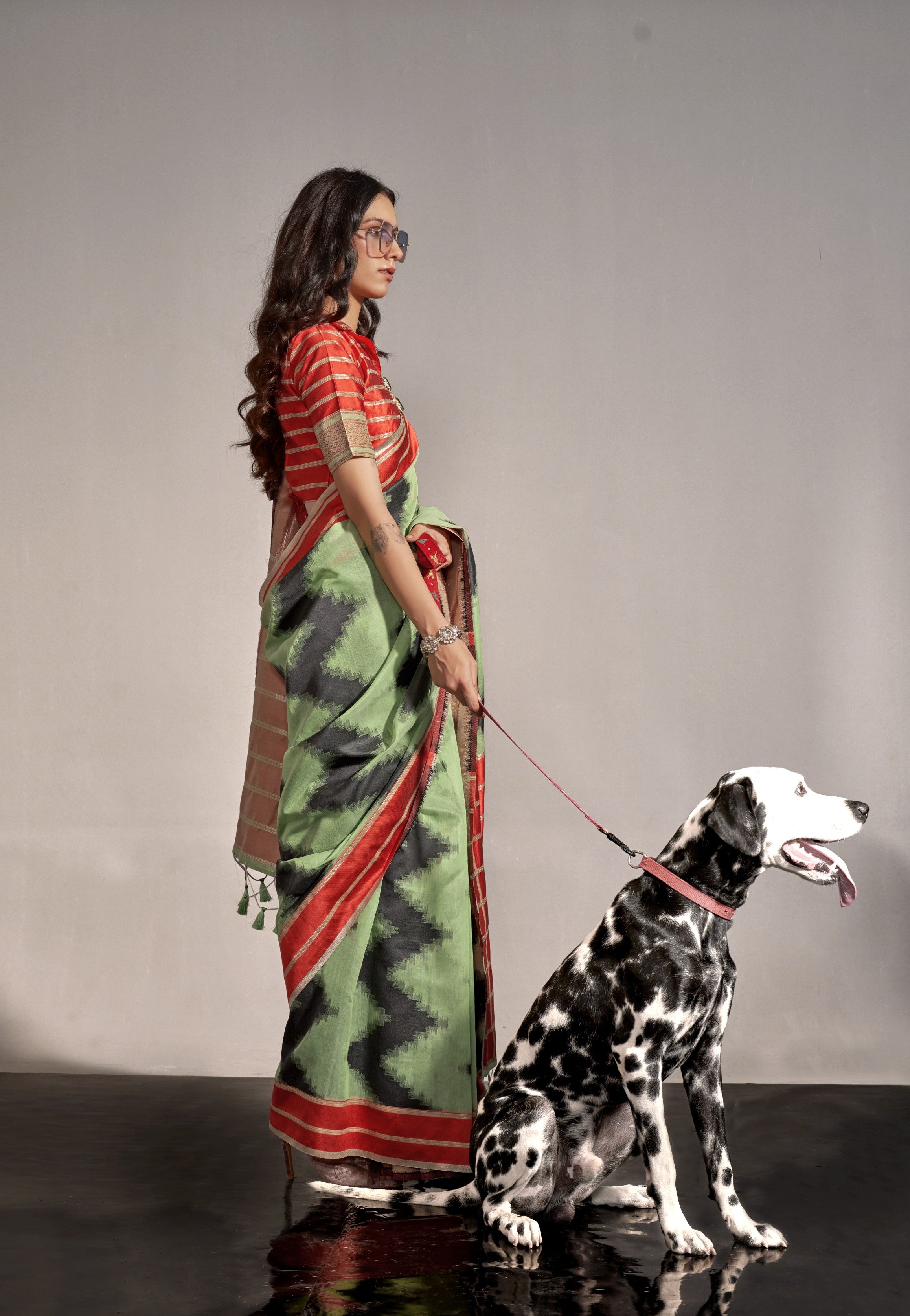 Light Green & Orange Mal Spun Hand Woven Silk Saree With Contrast Blouse