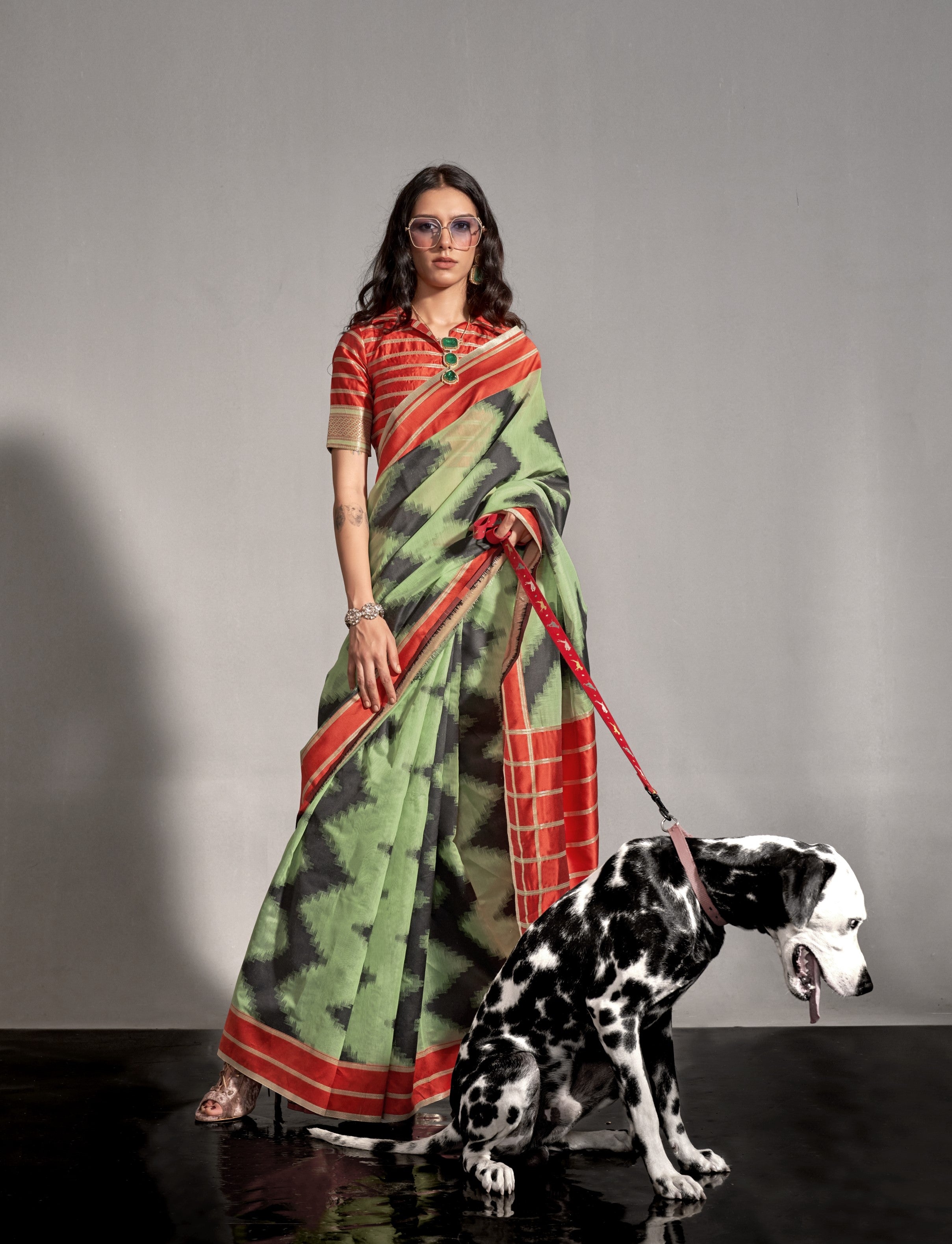 Light Green & Orange Mal Spun Hand Woven Silk Saree With Contrast Blouse