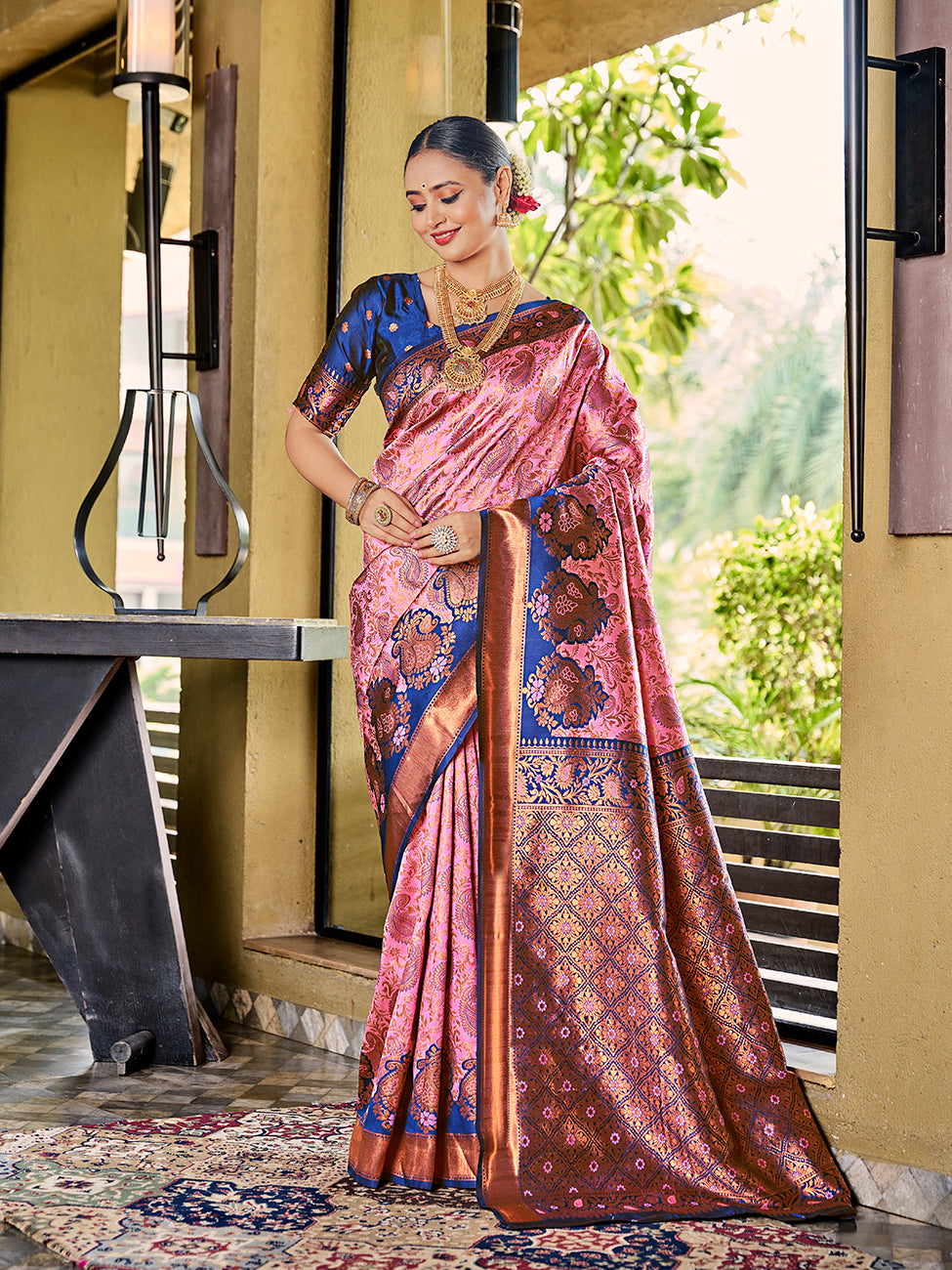 Pink & Blue Banarasi Silk Zari Woven Wedding Traditional Saree