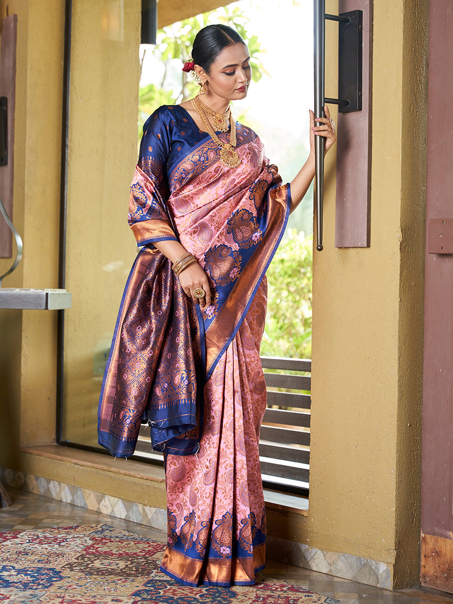 Pink & Blue Banarasi Silk Zari Woven Wedding Traditional Saree