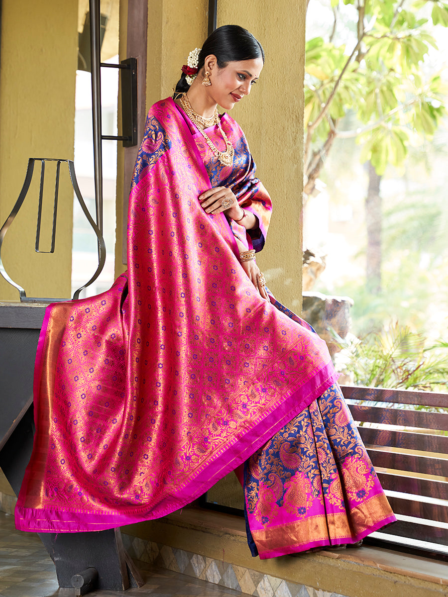 Blue & Pink Banarasi Silk Zari Woven Wedding Traditional Saree