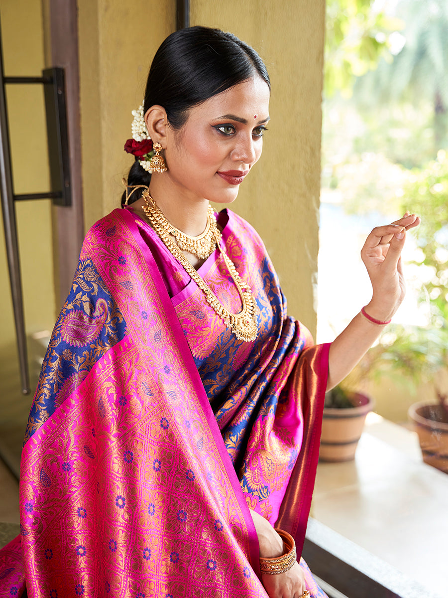 Blue & Pink Banarasi Silk Zari Woven Wedding Traditional Saree