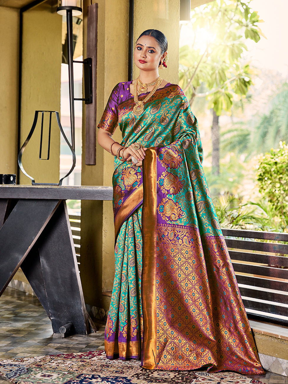 Sea Green & Purple Banarasi Silk Zari Woven Wedding Traditional Saree