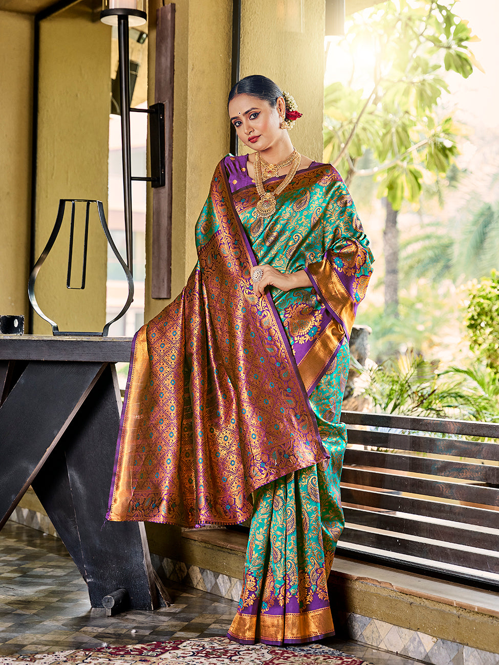 Sea Green & Purple Banarasi Silk Zari Woven Wedding Traditional Saree