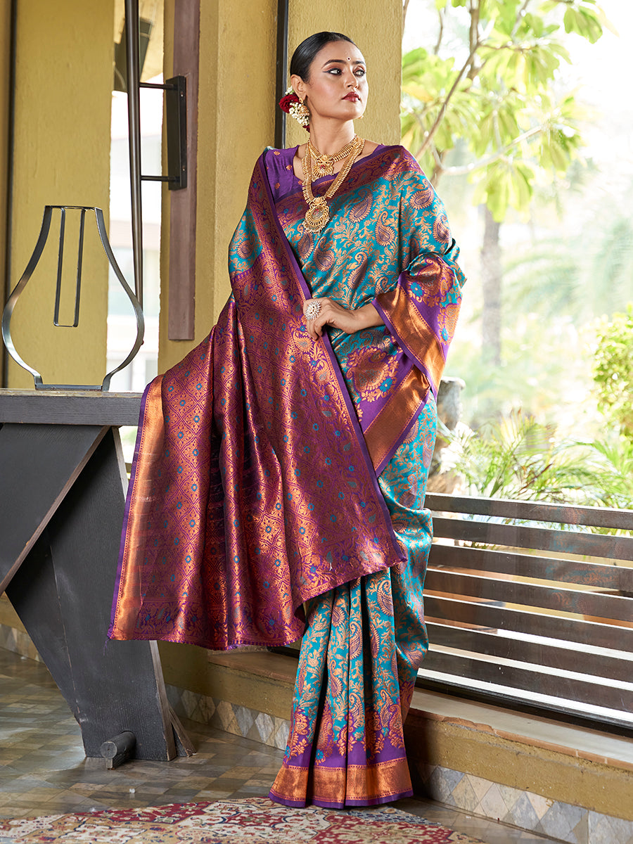 Sea Green & Purple Banarasi Silk Zari Woven Wedding Traditional Saree