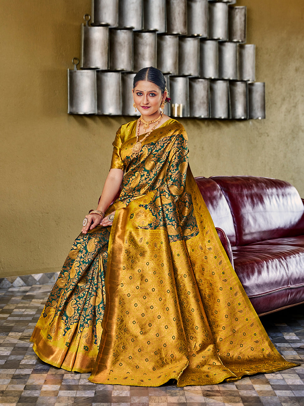 Green & Yellow Banarasi Silk Zari Woven Wedding Traditional Saree