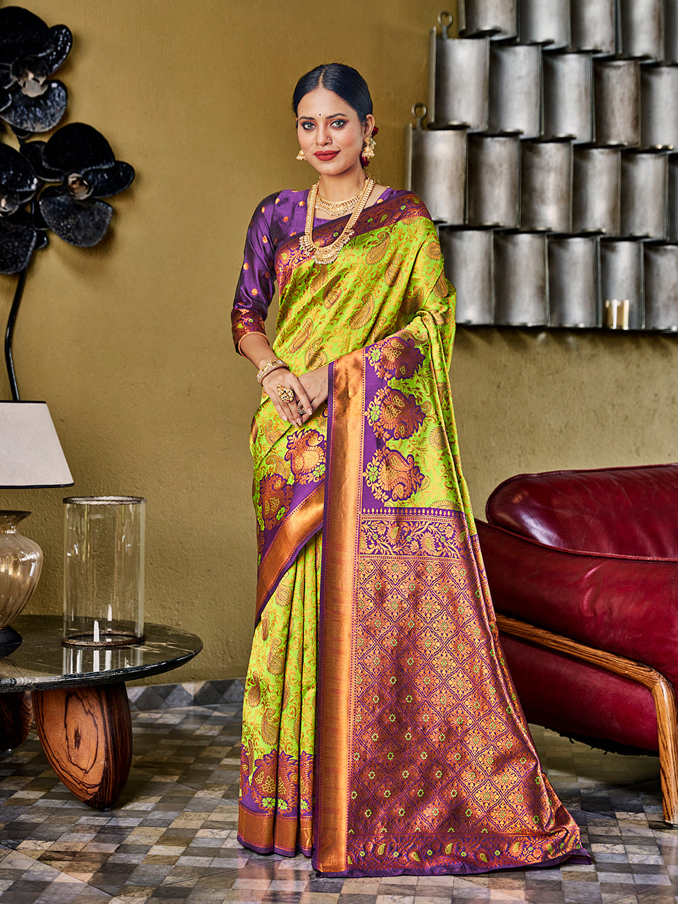 Lemon Green & Purple Banarasi Silk Zari Woven Wedding Traditional Saree