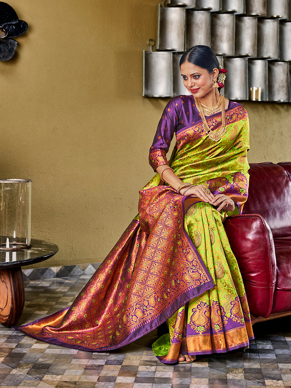 Lemon Green & Purple Banarasi Silk Zari Woven Wedding Traditional Saree