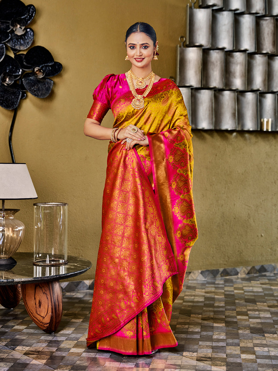 Mustard & Pink Banarasi Silk Zari Woven Wedding Traditional Saree