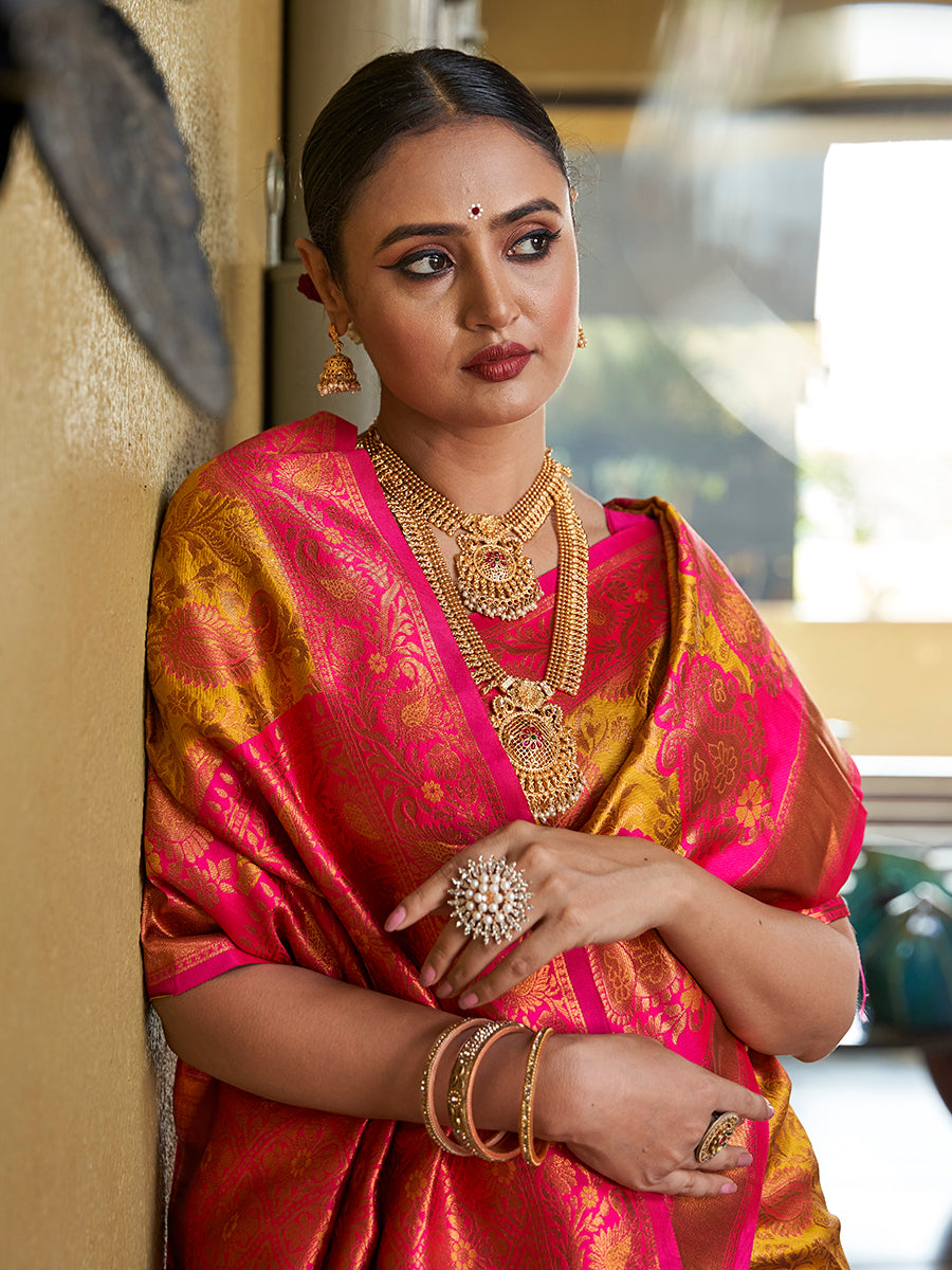 Mustard & Pink Banarasi Silk Zari Woven Wedding Traditional Saree