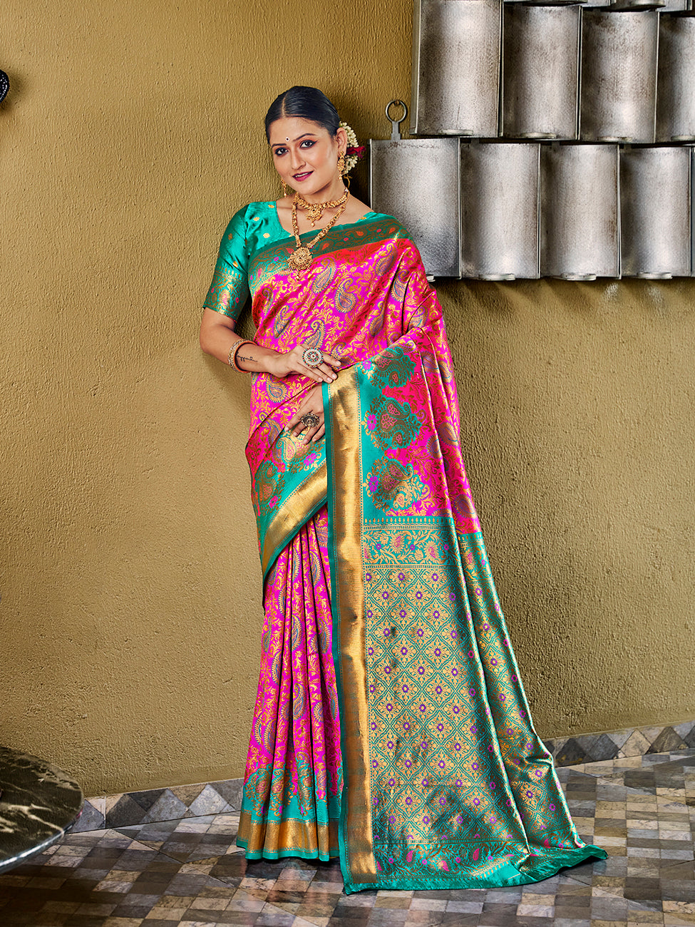 Pink & Teal Banarasi Silk Zari Woven Wedding Traditional Saree