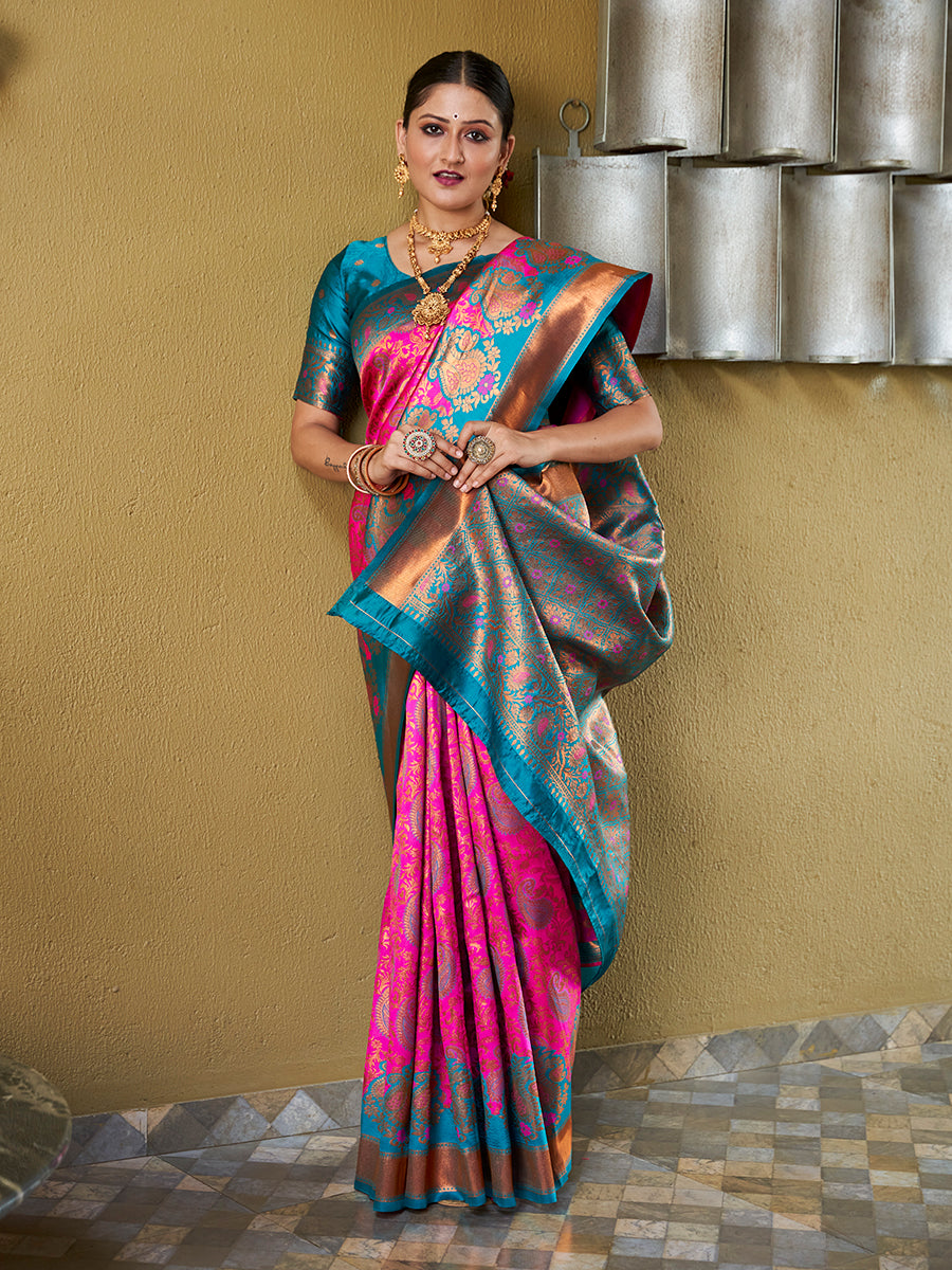 Pink & Teal Banarasi Silk Zari Woven Wedding Traditional Saree