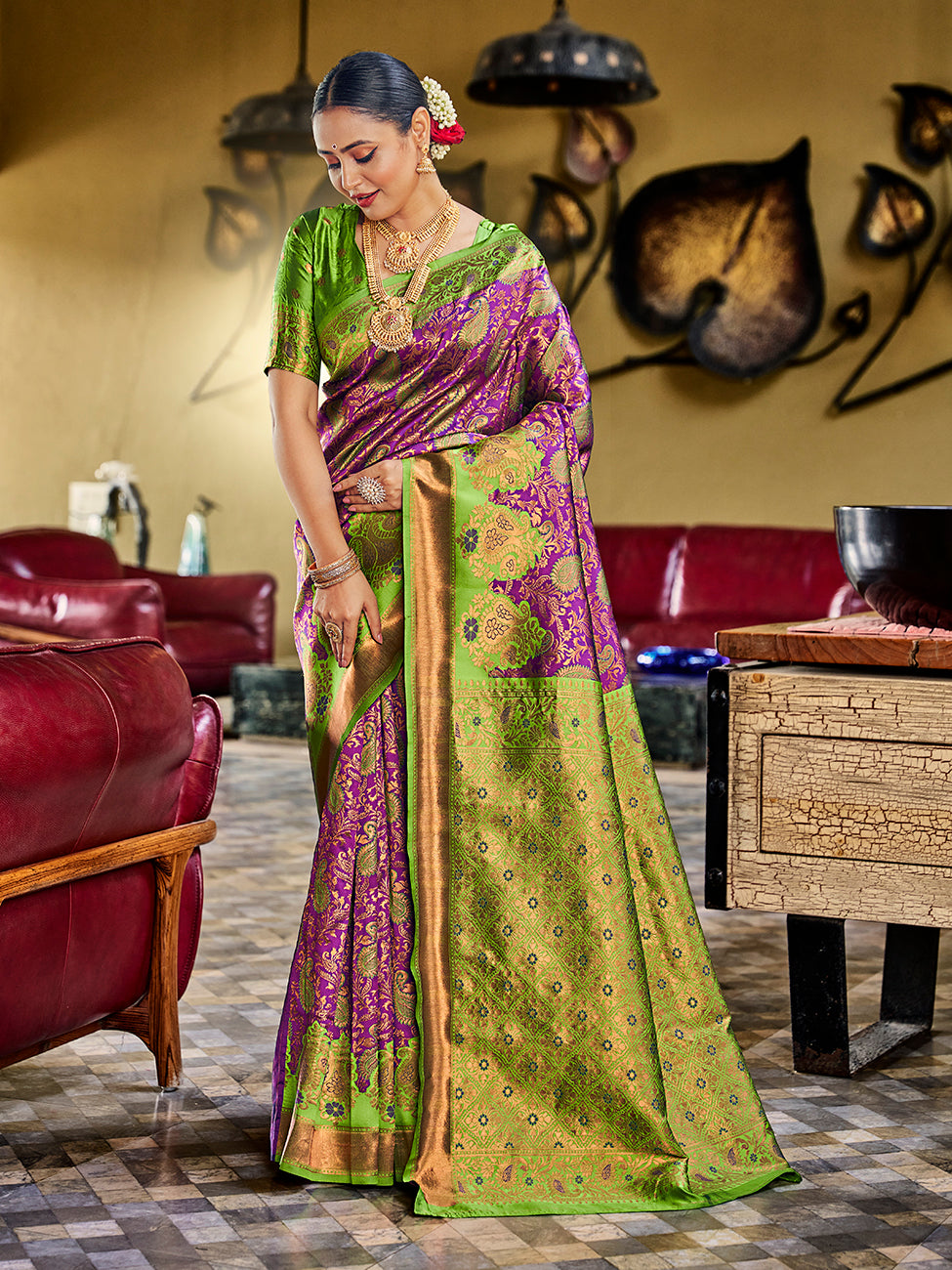 Purple & Green Banarasi Silk Zari Woven Wedding Traditional Saree