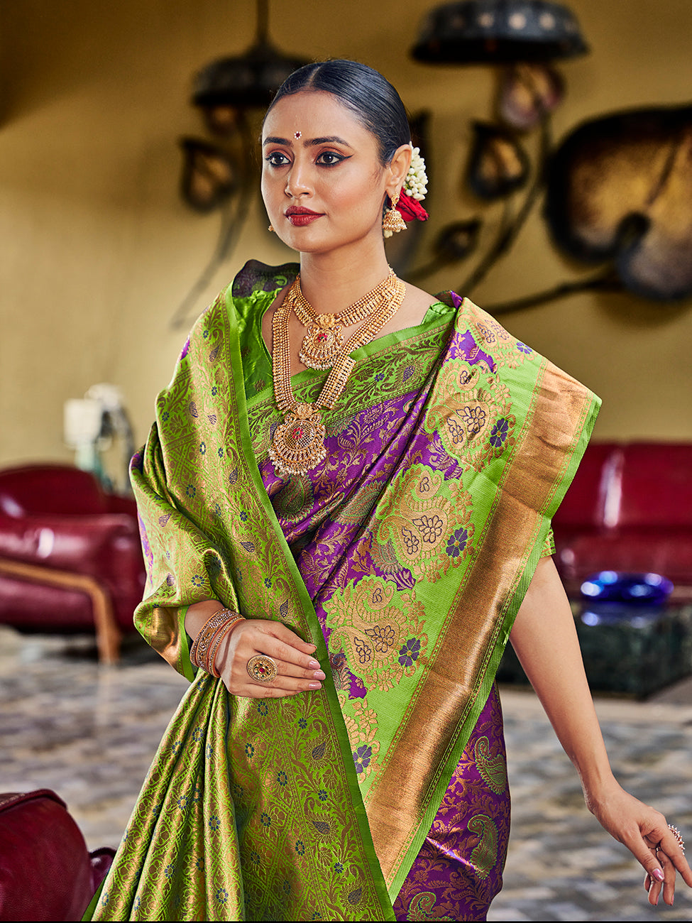 Purple & Green Banarasi Silk Zari Woven Wedding Traditional Saree