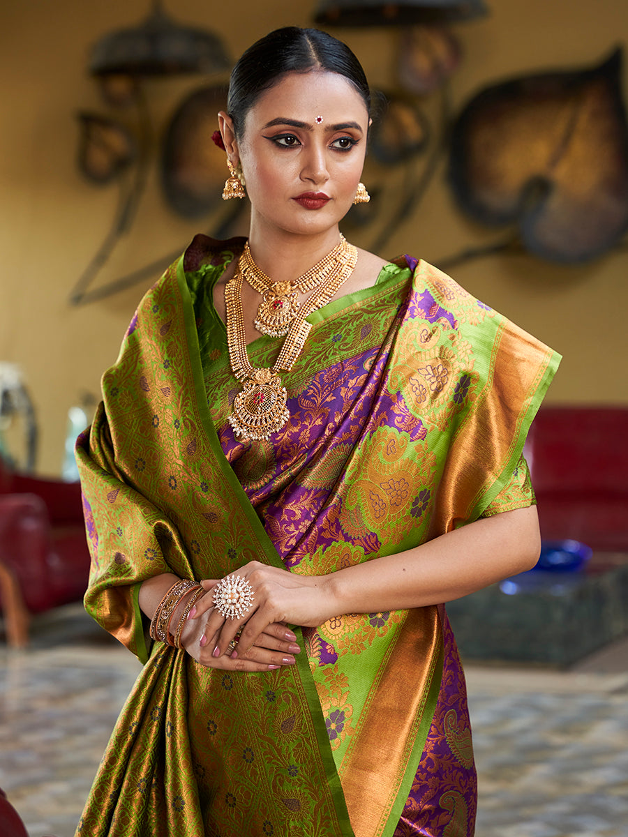 Purple & Green Banarasi Silk Zari Woven Wedding Traditional Saree