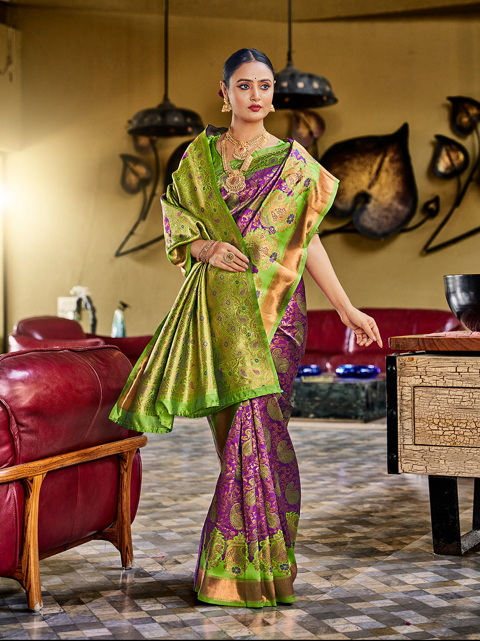 Purple & Green Banarasi Silk Zari Woven Wedding Traditional Saree