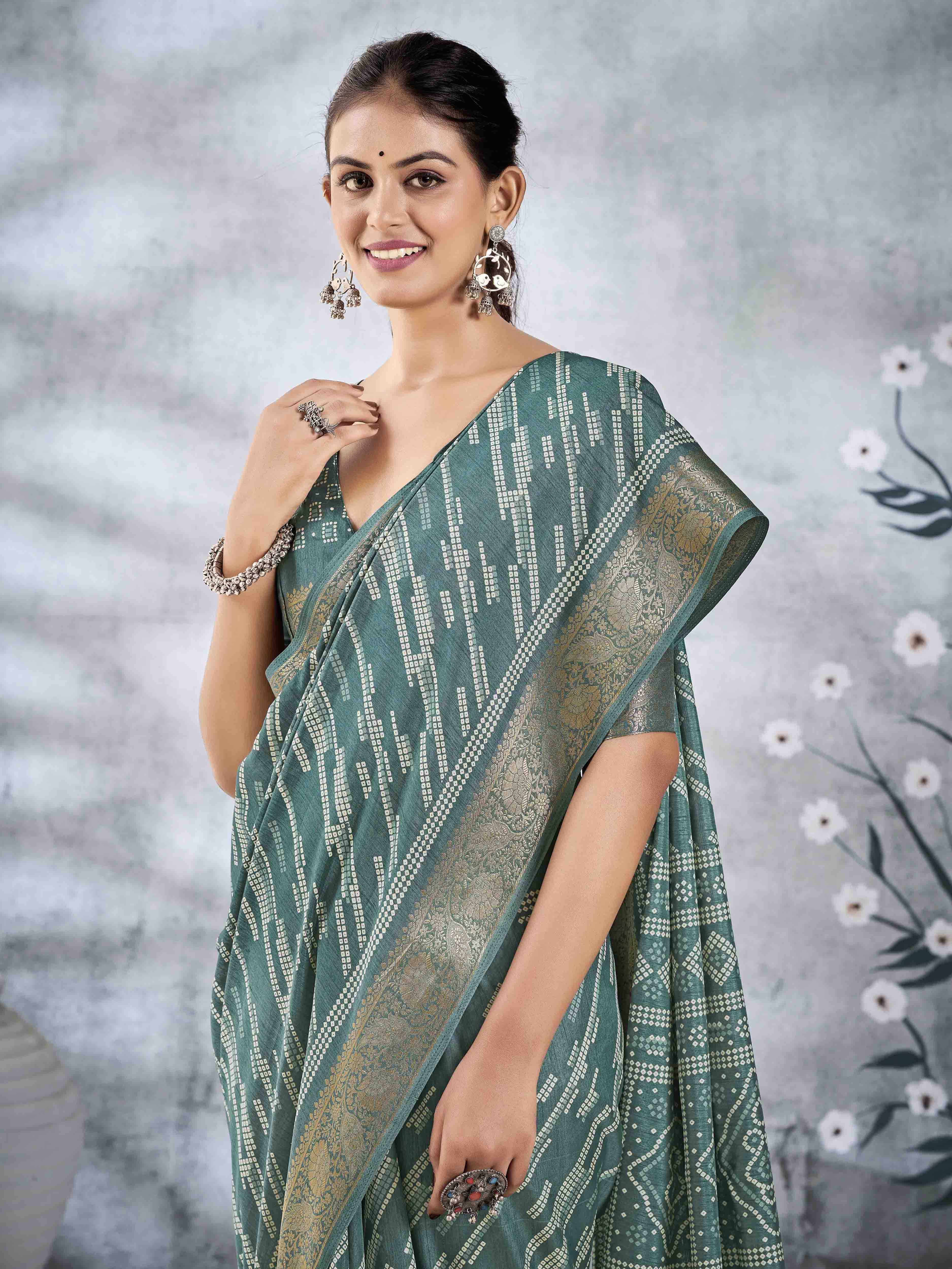 Sage Green Dola Silk Printed Saree With Zari Border