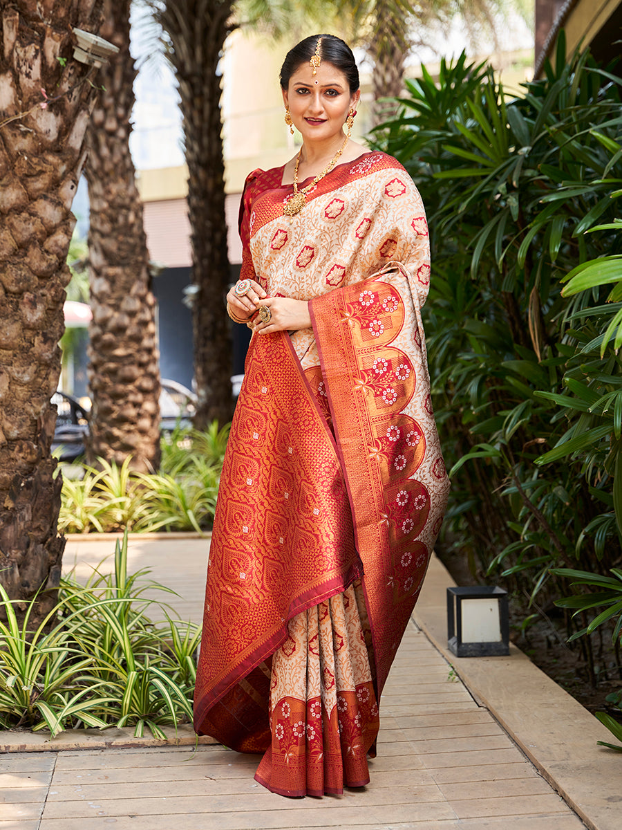 White & Maroon Zari Woven Wedding Banarasi Silk Saree