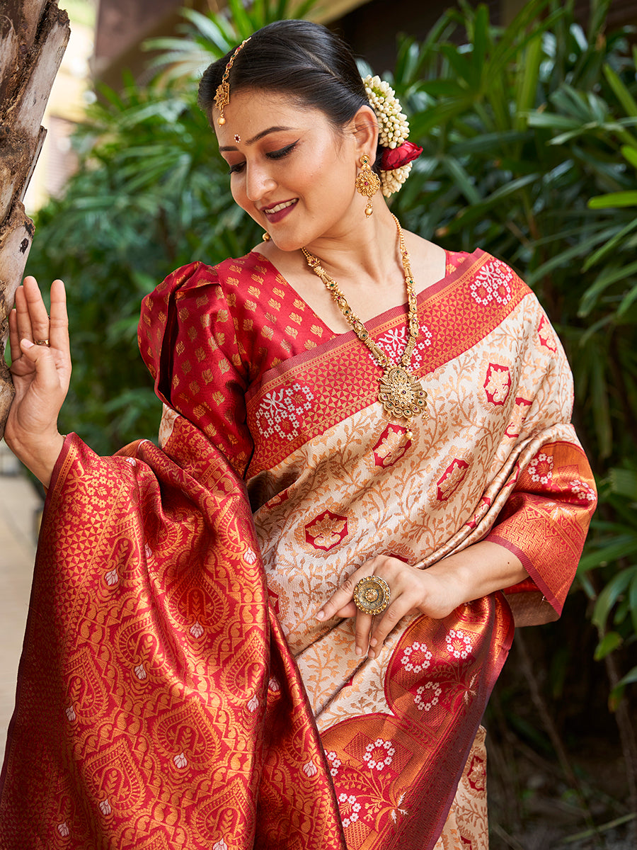 White & Maroon Zari Woven Wedding Banarasi Silk Saree