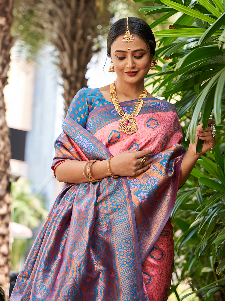 Pink & Blue Zari Woven Wedding Banarasi Silk Saree