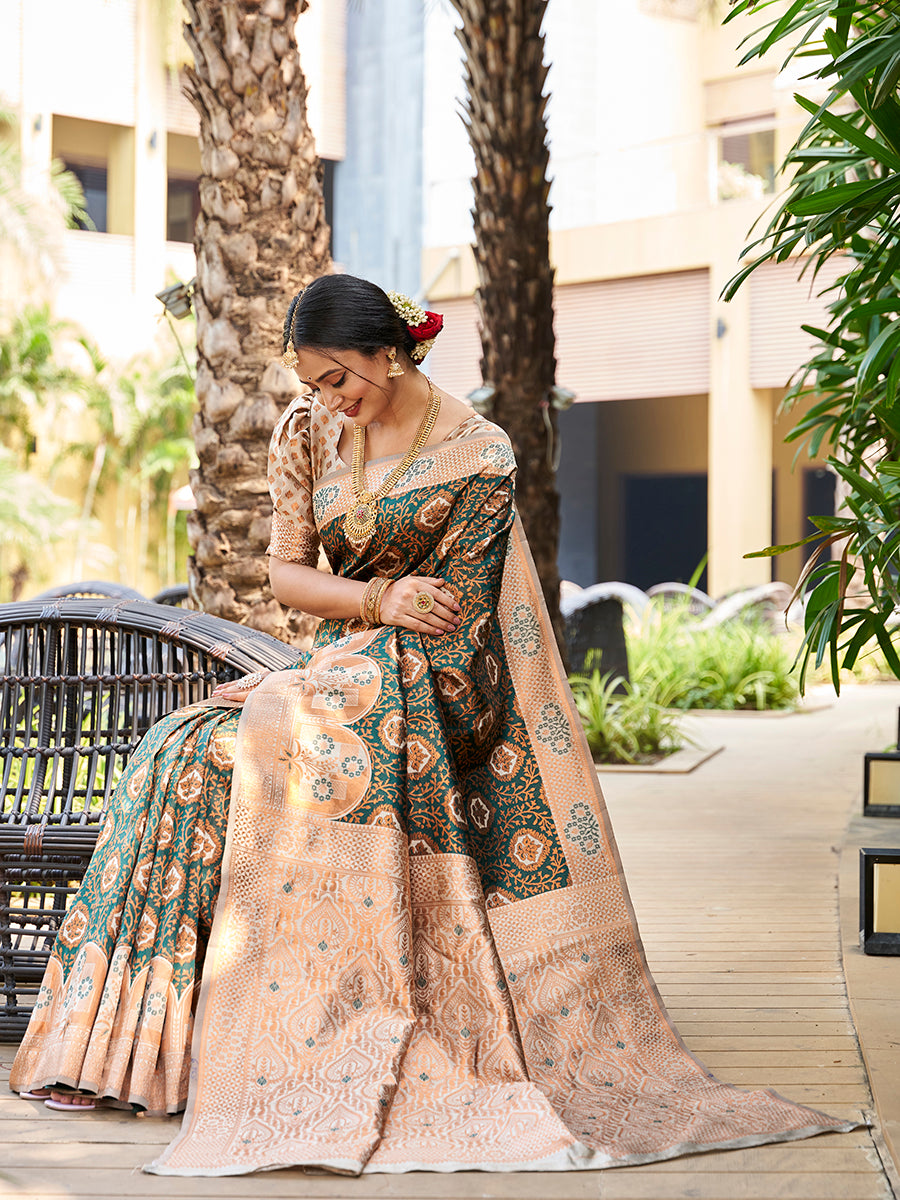 Bottle Green Zari Woven Wedding Banarasi Silk Saree