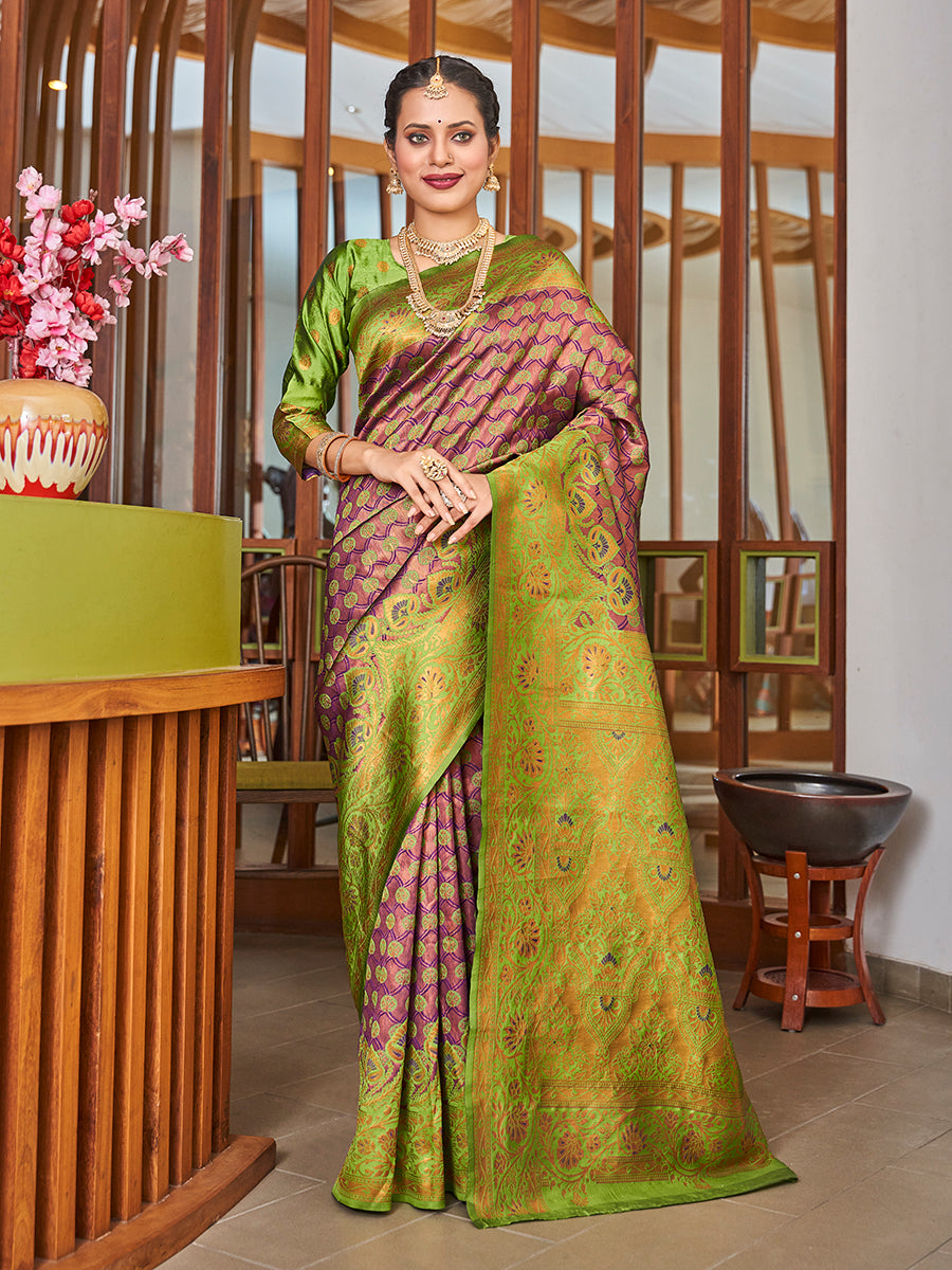 Mauve & Green Zari Woven Wedding Banarasi Silk Saree