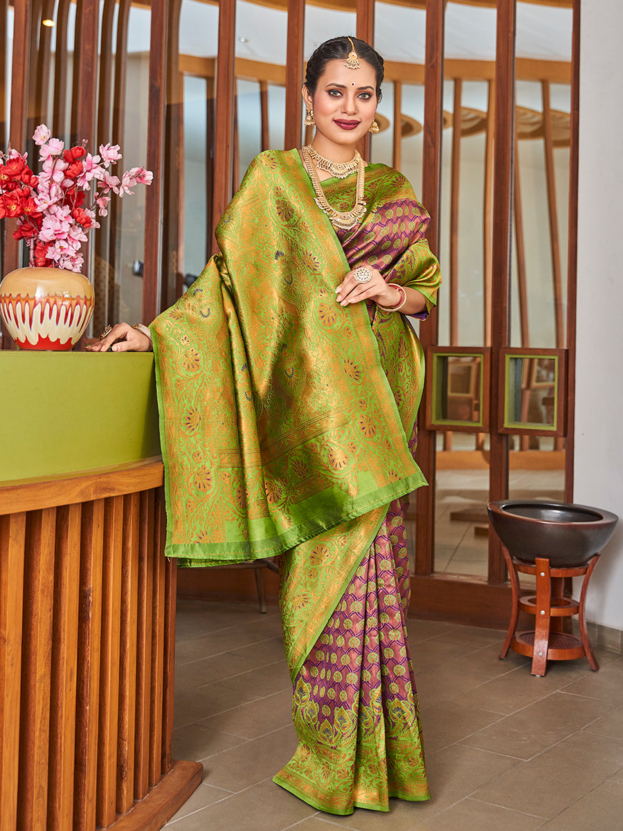 Mauve & Green Zari Woven Wedding Banarasi Silk Saree