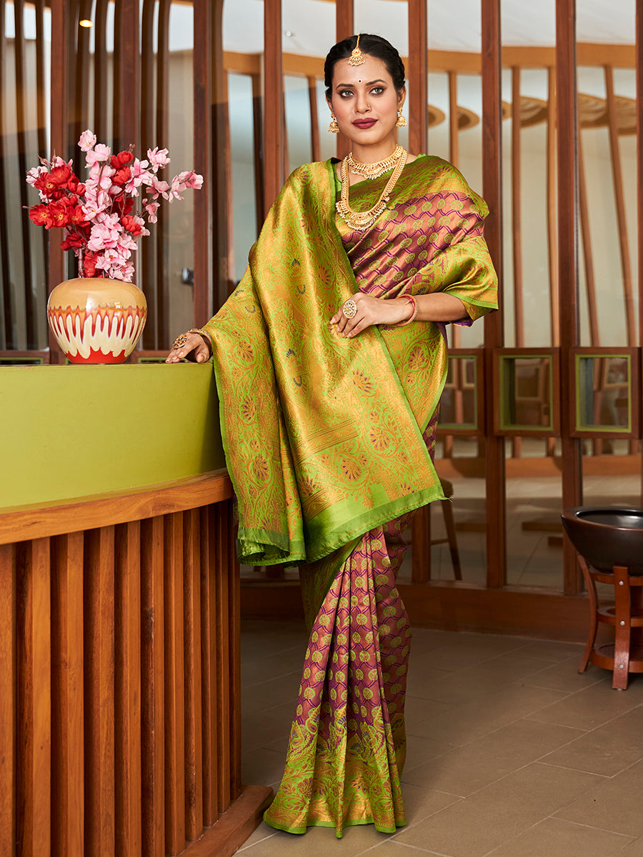 Mauve & Green Zari Woven Wedding Banarasi Silk Saree