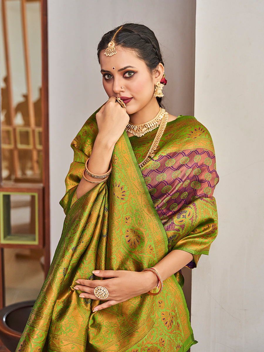 Mauve & Green Zari Woven Wedding Banarasi Silk Saree