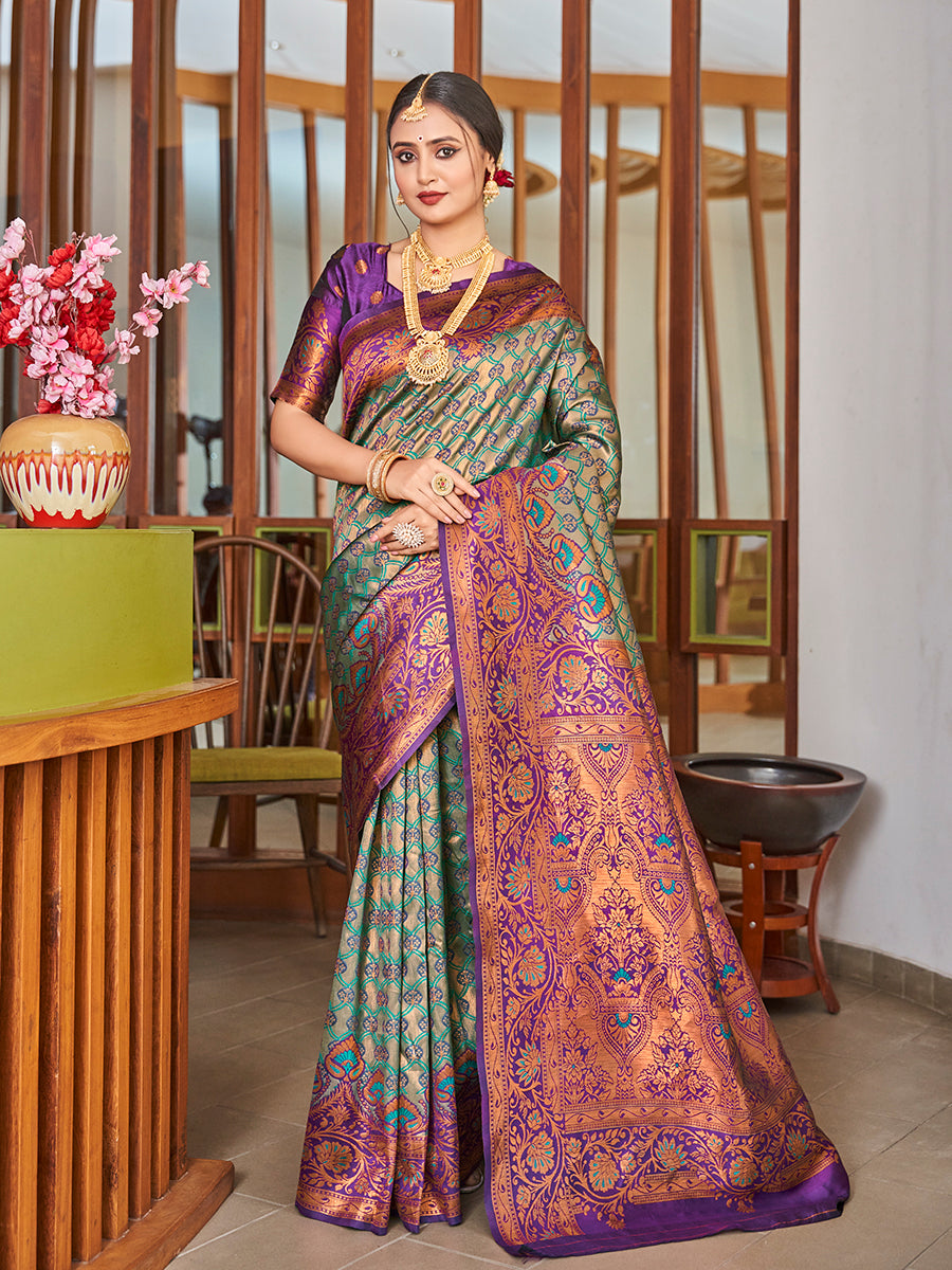 Rama & Purple Zari Woven Wedding Banarasi Silk Saree